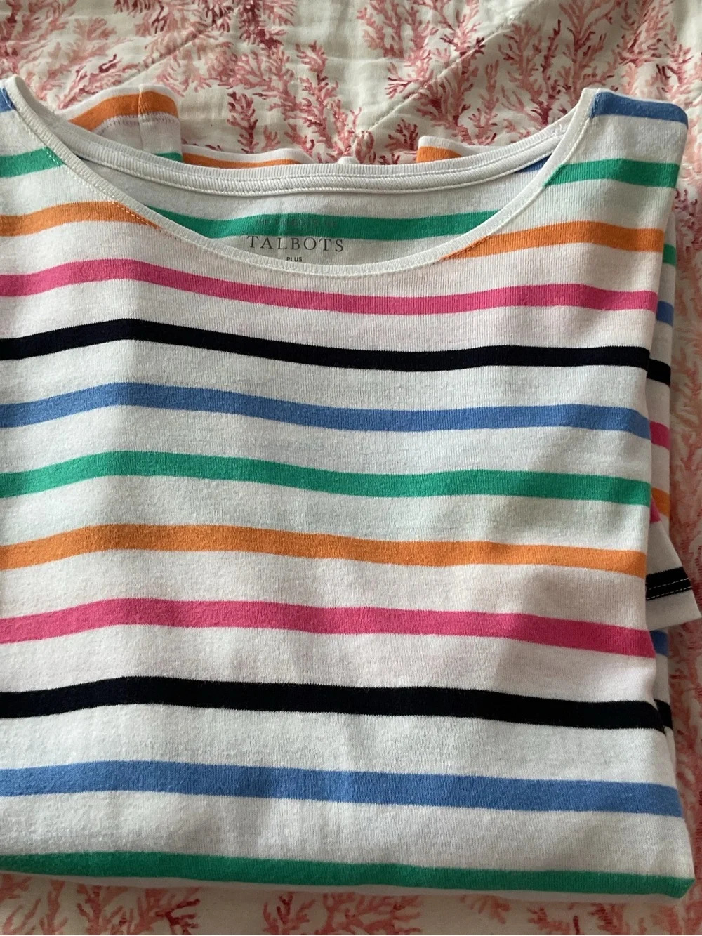 Talbots White Tee with Pink, Orange, Green, Blue & Black Stripes
